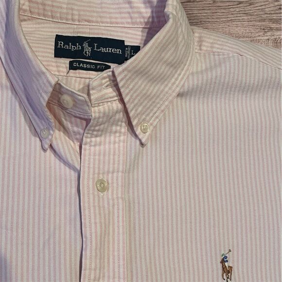 Ralph Lauren Classic Fit Button Up Pink White Stripe Pony Shirt Mens Size Large - Picture 5 of 5